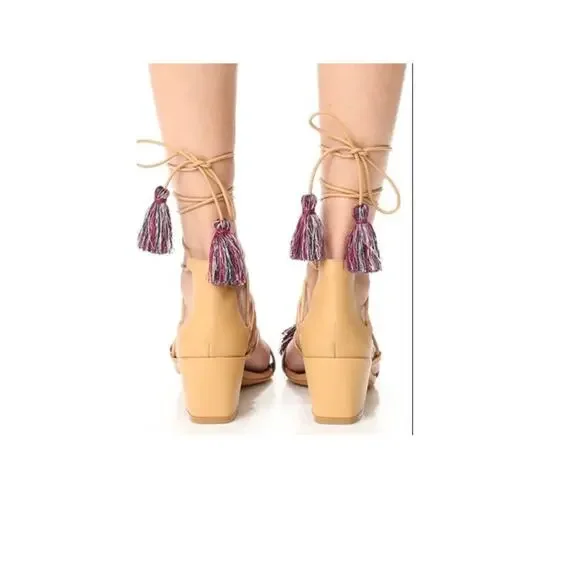 Rebecca Minkoff Tan Sandals Size 9 Neutral Resort Strappy Tassel Laced Coastal - Picture 2 of 9